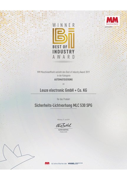德国劳易测电子安全光幕MLC 530 SPG荣获“2019 Best of Industry Award”
